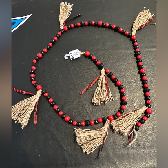 Other - Charming 72-Inch Red & Black Wooden Bead Garland with BurlapTwine Tassels $8.00